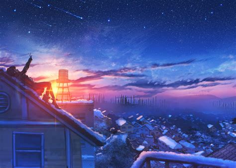 Rooftops Moescape Anime Stars Sky Night Sky Hd Wallpaper Rare