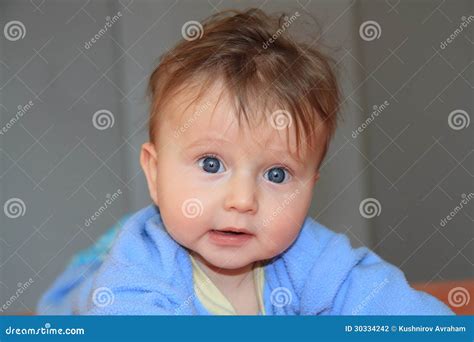 Adorable Blonde Baby In Blue Stock Photo Image Of Closeup Child