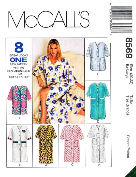 McCalls Sewing Pattern 8569 Misses Size 20-22 Button Front Bath Robe Length Options