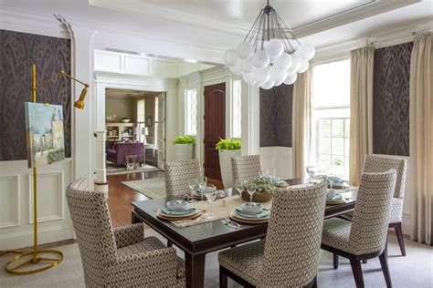 Brown Transitional Dining Room With Damask Wallpaper Hgtv