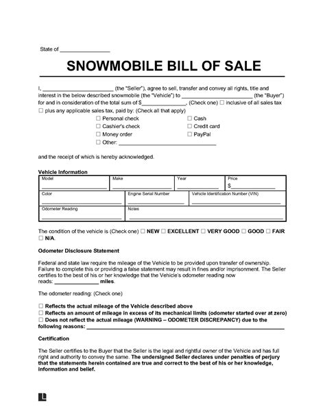 Free Snowmobile Bill Of Sale Template Pdf And Word Download