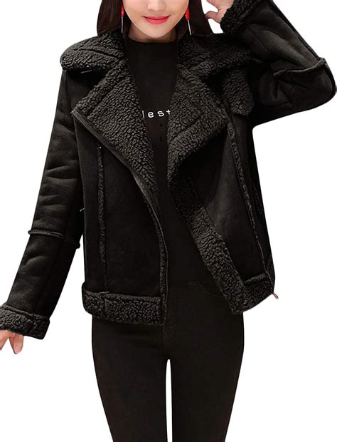 Tanming Womens Winter Sherpa Lined Faux Suede Leather Moto Jacket