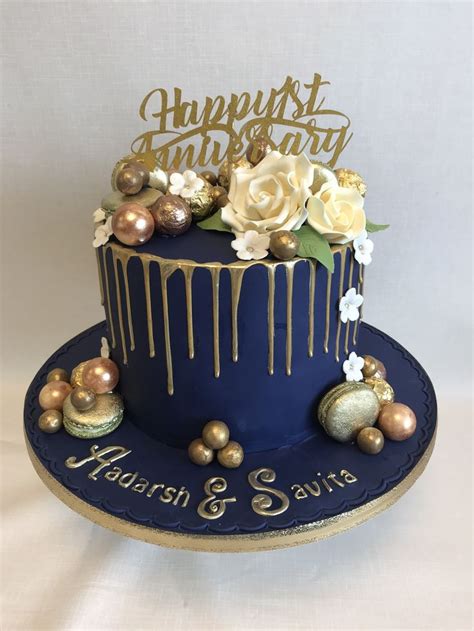 Navy Blue And Gold Drip Style 1st Wedding Anniversary Cake Blue Birthday Cakes Dad Birthday