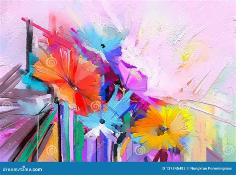 Abstract Colorful Oil Acrylic Painting Of Spring Flower Hand Painted