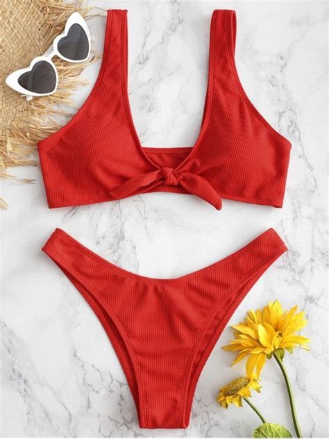 [54 Off] [popular] 2020 Tie Front Ribbed Bikini Set In Red Zaful