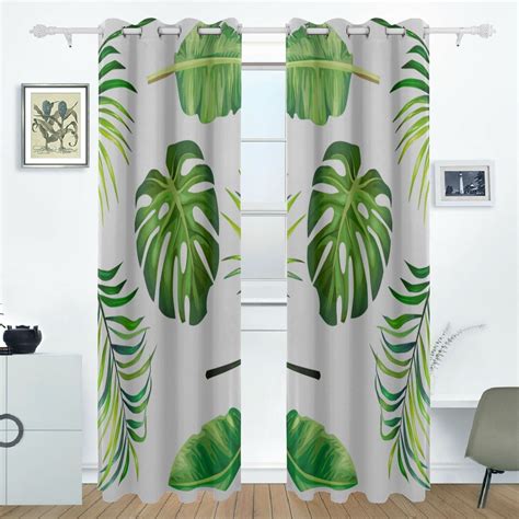 Childrens Blackout Curtains Tropical Graphic Palm Green Leaves Print