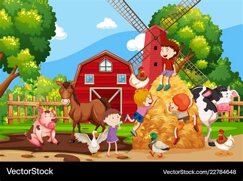 Farm Scene With Kids And Animals Royalty Free Vector Image