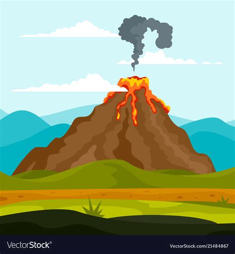 Eruption Of Volcano Background Flat Style Vector Image