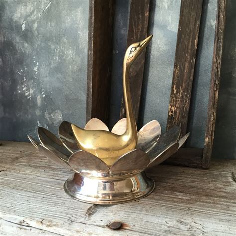 Brass Swan Assemblage Vintage Silver Toned Metal Lotus Flower Etsy