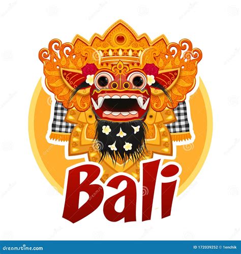 Traditional Balinese Barong Mask Illustration With Red Sign Bali