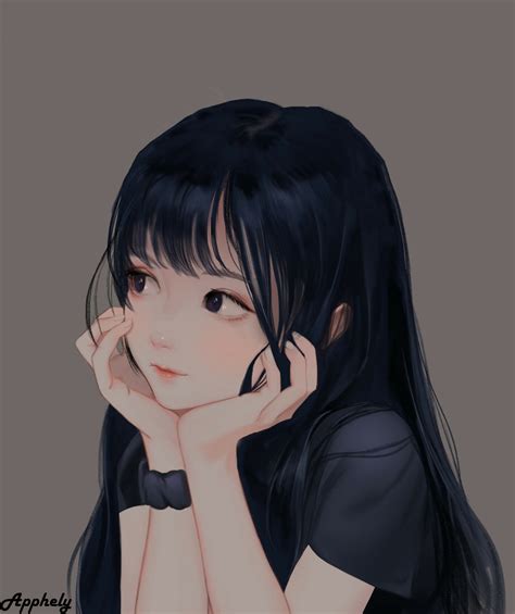Wallpaper Anime Black Hair Simple Background Long Hair Looking At