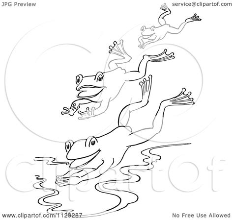 Cartoon Clipart Of An Outlined Trio Of Frogs Jumping Into