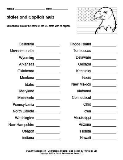 Printable Us States And Capitals Quiz Practice Test Pdf States And