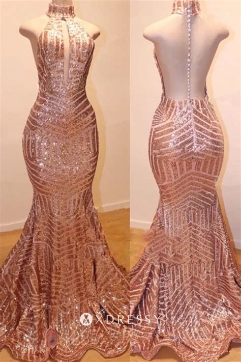 Rose Gold Sequin High Neck Backless Prom Dress Xdressy