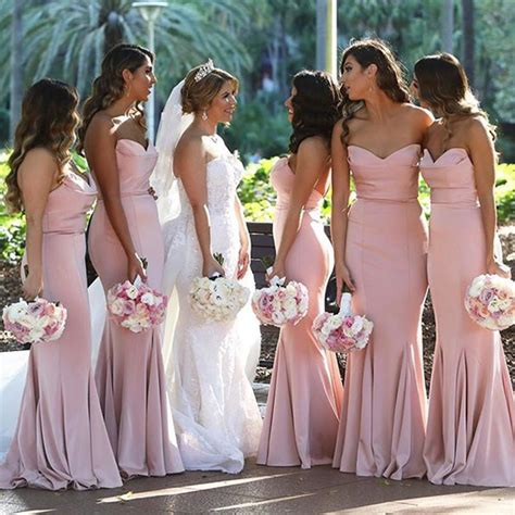 Blush Pink Mermaid Dresses Bridesmaid 2019 Strapless Sleeveless Floor