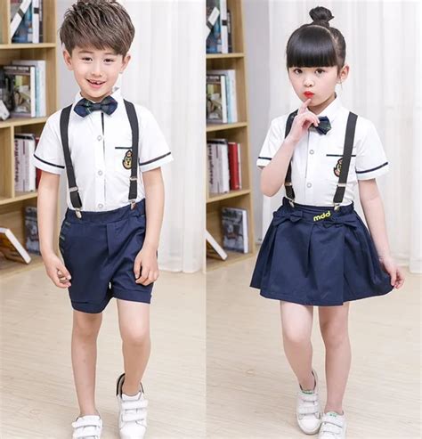 2017 New Kids School Uniform Dress Set Set Bow Tie Girl White T Shirt