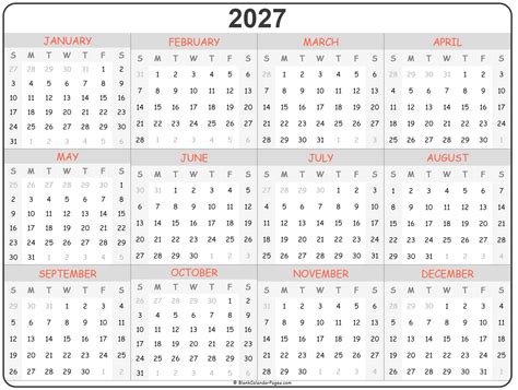 2027 Year Calendar Yearly Printable