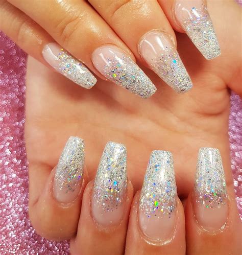 Holographic Silver Glitter Fade Ombre On Acrylic Sculpted Nails Prom