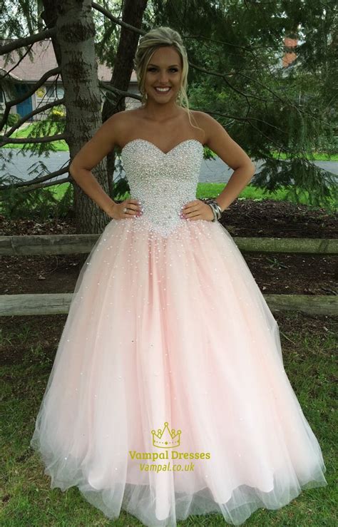 Light Pink Strapless Beaded Bodice Tulle Ball Gown Prom Dress Vampal Dresses