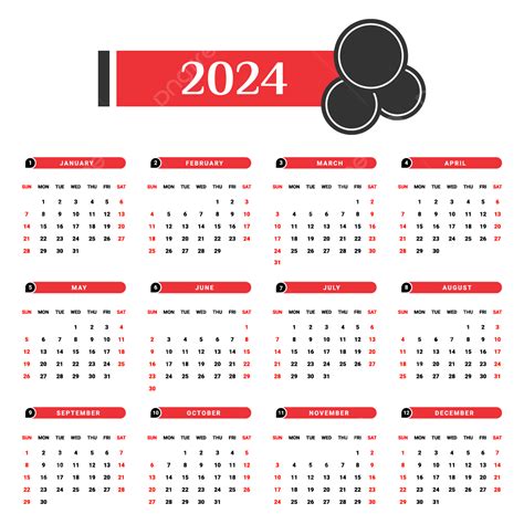 2024 Kırmızı Ve Siyah Geometrik Tasarım Yıllık Takvimi Vektör Takvim