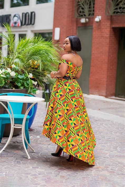 Kente African Print High Low Off Shoulder Dress Lace Waistband Kenya African Print Dresses