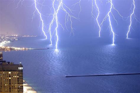 Beach Storm Buildings Lightning Bolts Cities Sea Wallpaper