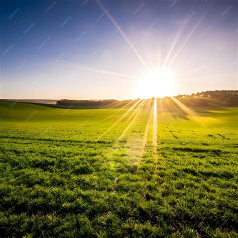 Premium Photo Photo Green Fields Sunrise With Sunrays 6