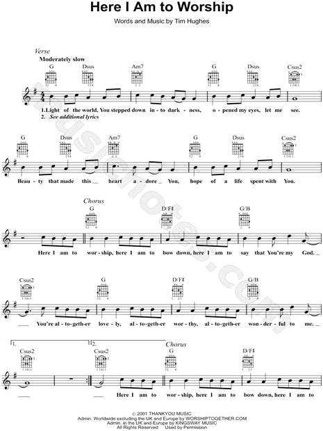 If you are a beginner guitar player you can learn easily how to play the easy tabs for beginners. Tim Hughes "Here I Am to Worship" Sheet Music in G Major ...