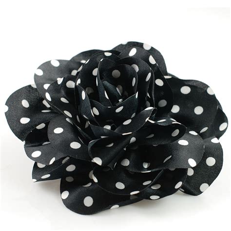 White Polka Dot On Black Fabric Flower Pin