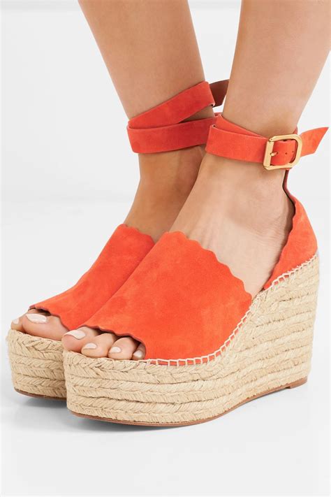 Chlo Lauren Scalloped Suede Espadrille Wedge Sandals In Orange Lyst