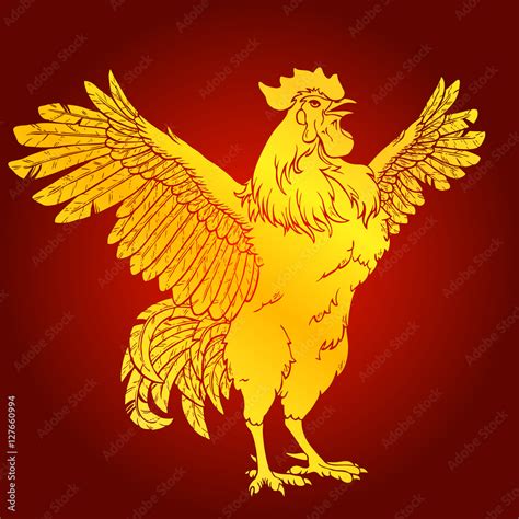 Vigorous Rooster Gold On Red Background Stock Vector Adobe Stock