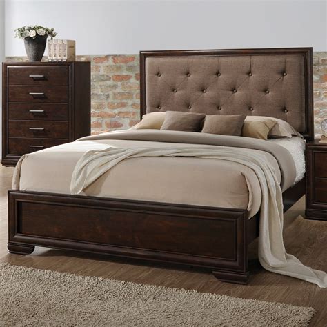 Home Source Westphal Mahogany Queen-Size Bed with Brown Linen Tufted ...