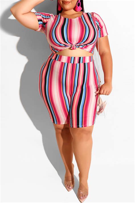 Lovely Casual Striped Printed Plus Size Two Piece Shorts Setplus Size Two Piecesplus Size