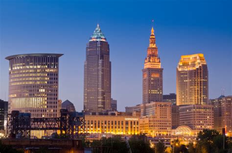 Cleveland Cityscape Just After Sunset With Lights In Buildings Stock