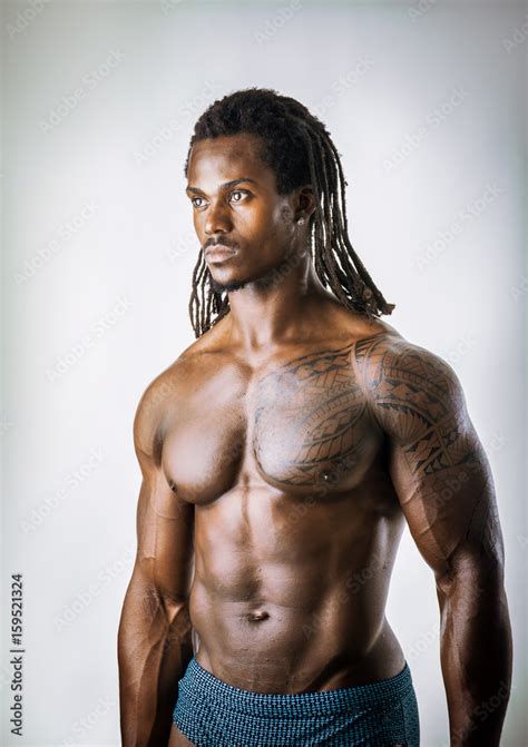 African American Bodybuilder Man Naked Muscular Torso Wearing Pants