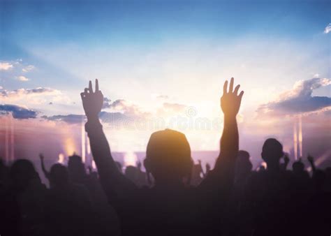 Christian People Group Raise Hands Up Worship God Jesus Christ Together