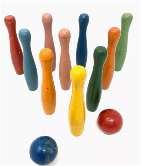 12 Piece Set Vintage Colored Miniature Wood Bowling Pin Game Mini Toy