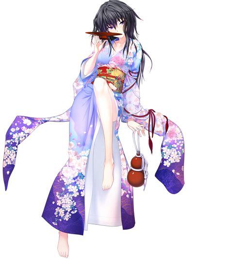 safebooru 1girl barefoot black hair bottle floral print gourd highres japanese clothes