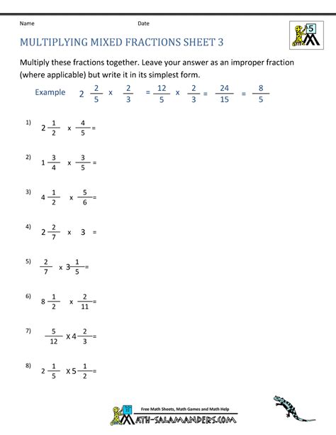 Multiplying Fractions And Mixed Numbers Worksheet Grade 7