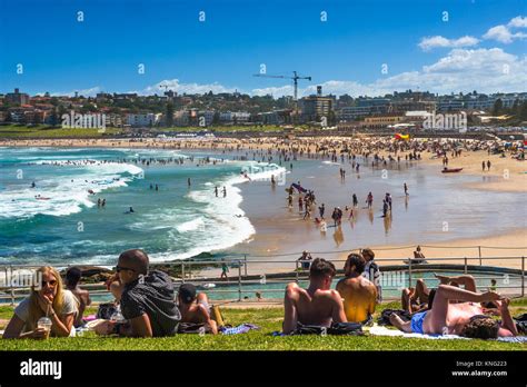 A Crowded Bondi Beach On A Summers Day Sydney Nsw Australia Stock