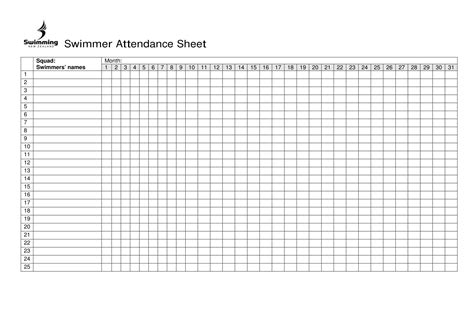 Swimmer Attendance Sheet Excel Attendance Sheet Attendance Chart