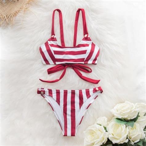 Parisandpearle Swim Yacht Club Red White Striped Buttoned Bikini Set