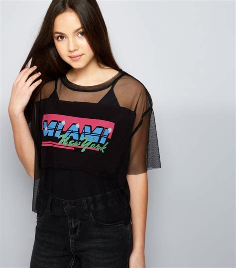 Teens Black Miami Mesh Cropped T Shirt New Look Crop Tshirt