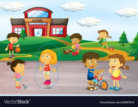 Children Playing Infront School Royalty Free Vector Image