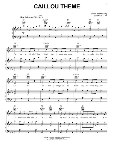 Caillou Theme Sheet Music Jeffrey Zahn Piano Vocal And Guitar Chords