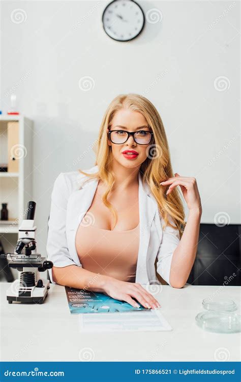 Beautiful And Nurse In Glasses Looking Stock Image Image Of Biology Equipment 175866521