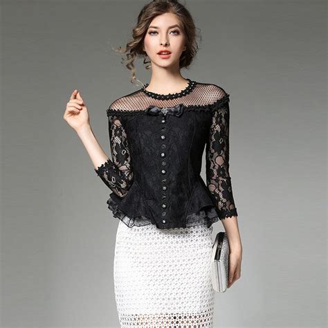 Willstage Black Lace Shirts Women Mesh Sexy Hollow Out Blouse Bow