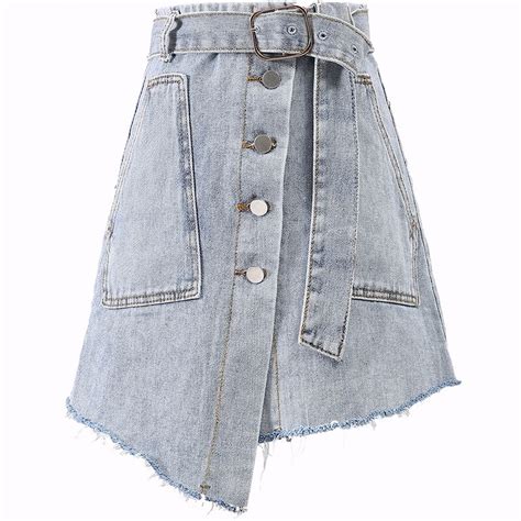 Denim Skirt Women High Waist Hole Ripped Summer Single Breasted Irregular A Line Sexy Mini Jeans