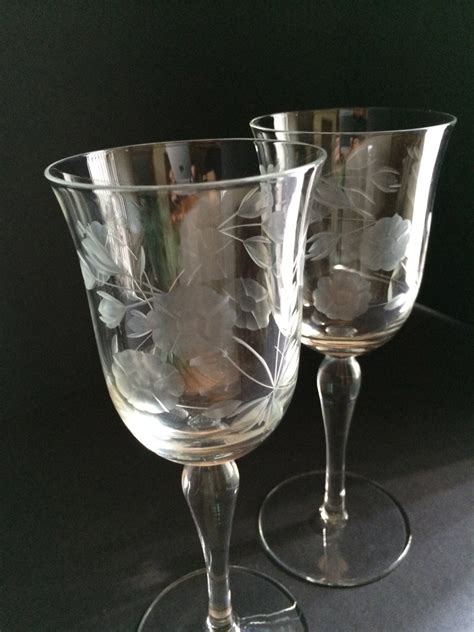 Vintage 1980s Crystal Wine Glasses Floral Etched Design