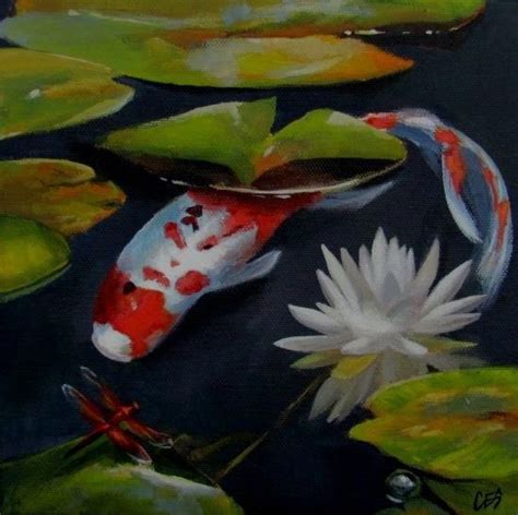 Original Painting By Ces Koi Fish Pond Dragonfly Water Lily Pads Nfac